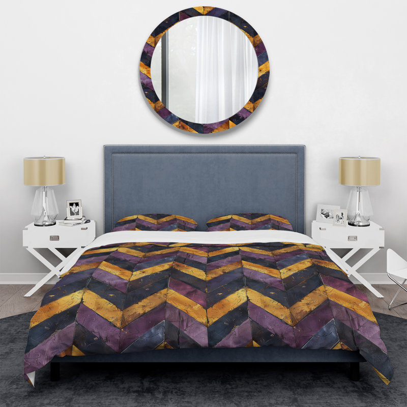 Ensemble de housse de couette à motif de chevrons mauve et doré Glam, Housse de couette très grand + 2 taies décorativ