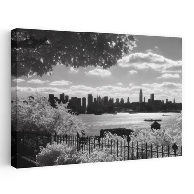 Vue des années 1970 de la silhouette de Midtown Manhattan depuis le New Jersey, New York, New York, États-Unis, rétro, architecture rétro, art mural