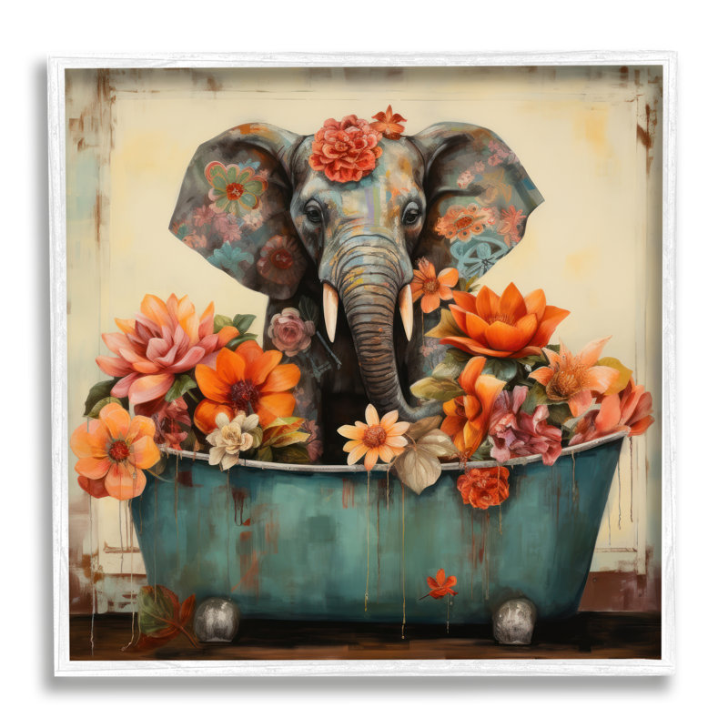 «Rustic Floral Tub Elephant», reproduction de photo sur toile, Giclée encadrée blanc bord de mer, H 24 po x l 24 po