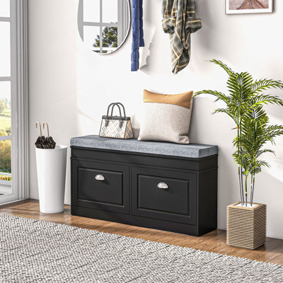 Banc de rangement pour chaussures moderne pour hall d'entrée, rangement avec coussin, 2 tiroirs, tablette réglable, peut contenir 8 paires, noir