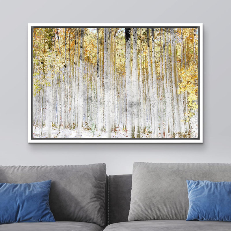 Aspen Birch Autumn Fall White Birch Tree Forest with Yellow Leaves Nature Landscape Rustic on Canvas, Cadre blanc