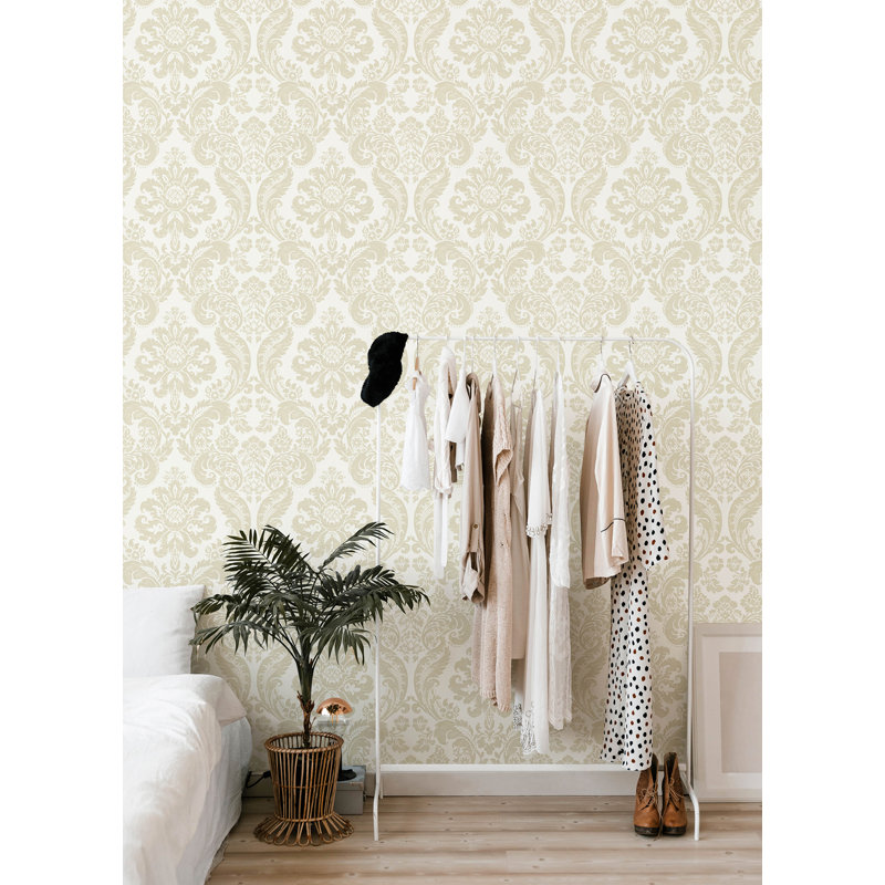 Shadow Black Flocked Damask Wallpaper, White