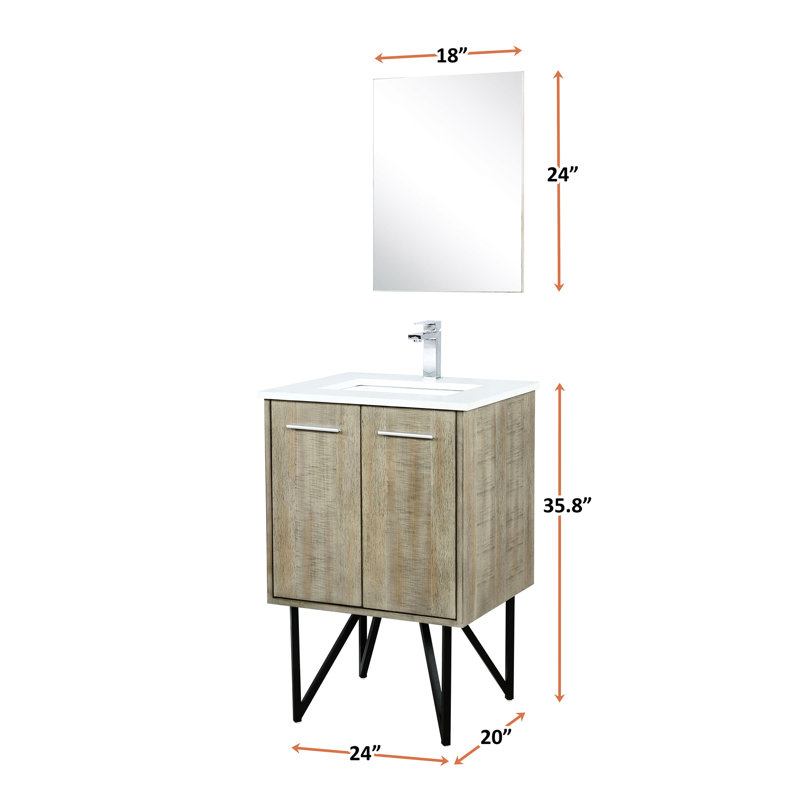 Meuble-lavabo rustique pour salle de bain avec comptoir en quartz blanc, robinet et miroir mural 18 po, 24"