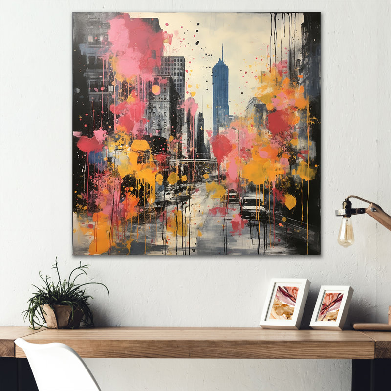 Jaune et rose Pittsburgh City I - art mural en métal Pittsburgh, H 36 po x l 36 po x P 1,5 po