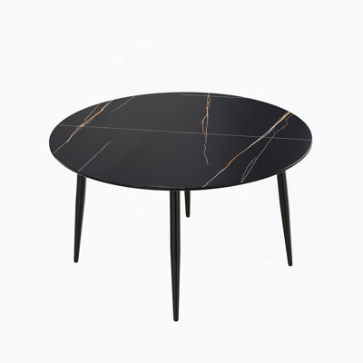 Table de salle à manger ronde 53,15 po en pierre artificielle noire avec pieds en métal noir