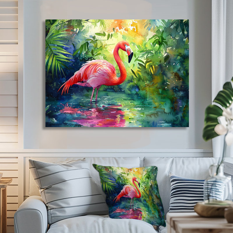 Flamant rose dans la lagune II - flamant rose, art mural, H 34 po x l 44 po, Toile tendue sur cadre, Ne s’applique pas