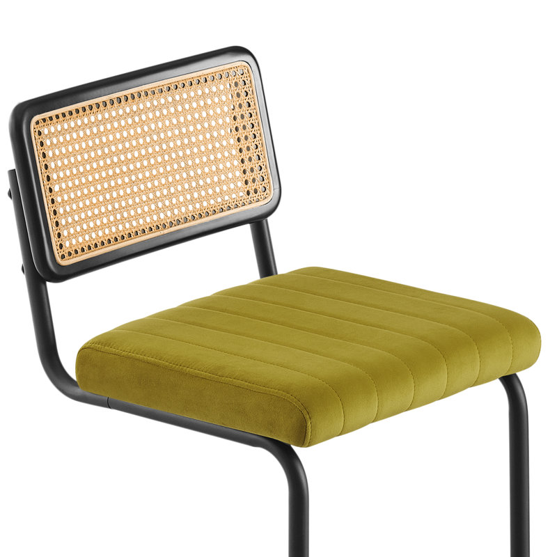 Oliver Green Velvet Upholstered Cane Back Counter Stools with Black Metal Frame
