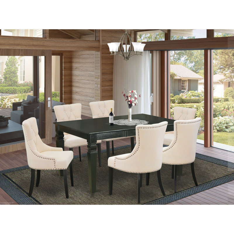 7 Piece Dinette Set Consist of a Rectangle Dining Room Table with Butterfly Leaf and 6 Light Beige Linen Fabric Upholstered Chairs, Black