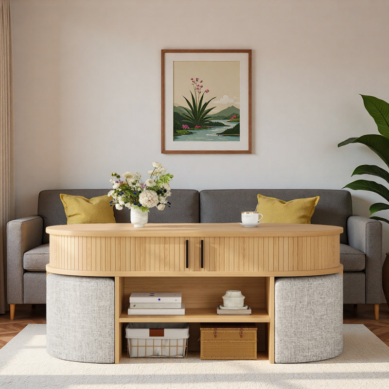 Table basse multifonctionnelle ovale avec rangement caché à lattes, compartiment de rangement ouvert et 4 tabourets courbés rembourrés