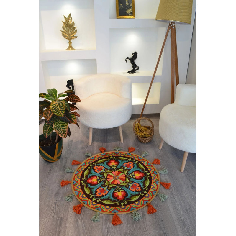 Suzani Ethnic Multicolored Tasseled Woven Base Round Decorative Carpet, Round 5'