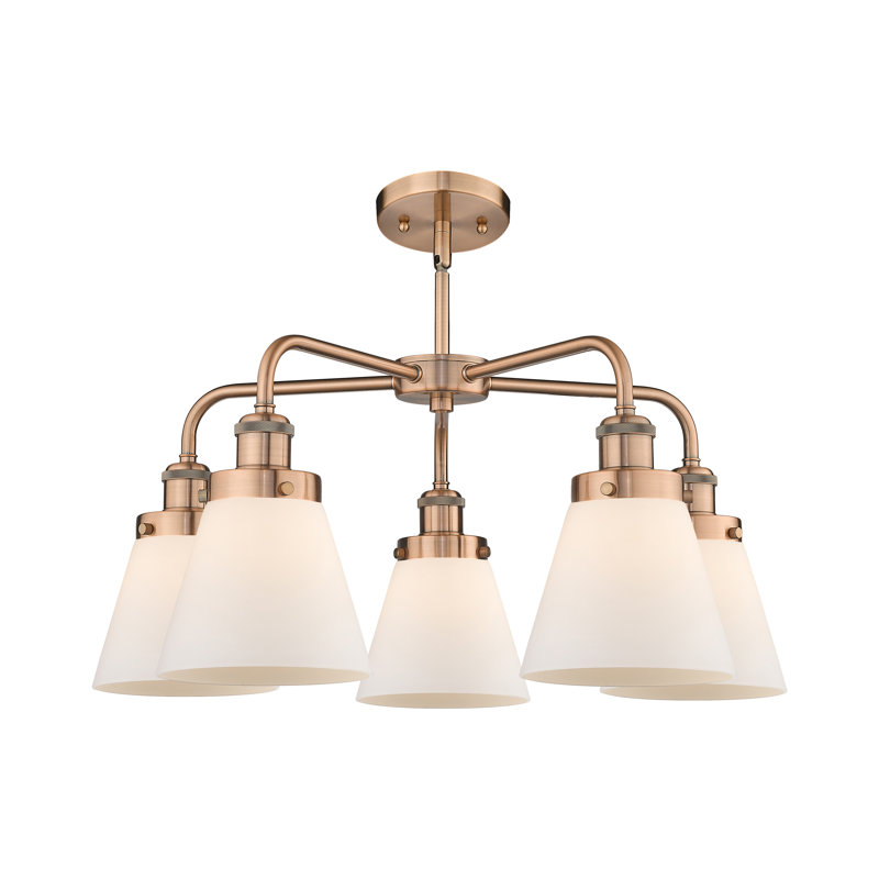 Cone 5 Light Stem Hung Chandelier, Matte White, Antique Copper