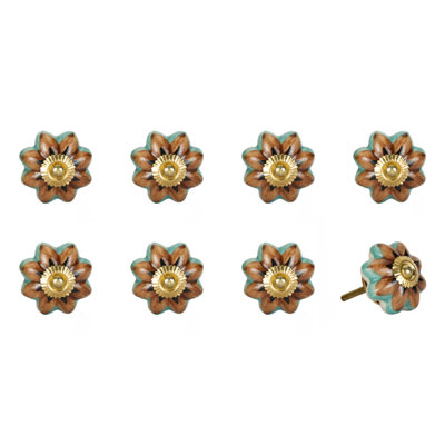 Set of Eight Blue And Red Ceramic And Metal Drawer Pull Knobs