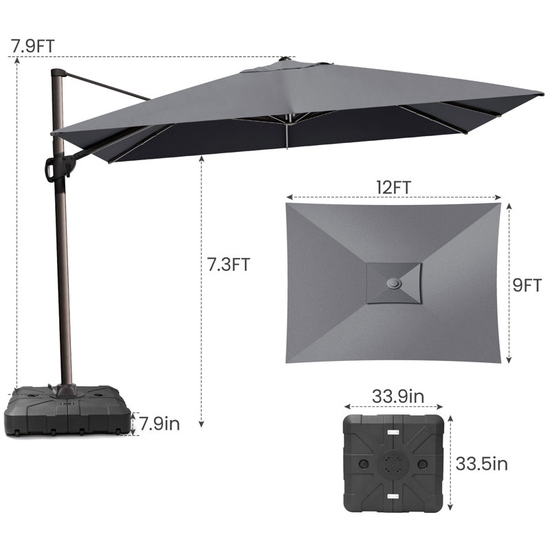 12' X 9' Rectangular Patio Cantilever Umbrella With Weighted Base, Gris foncé