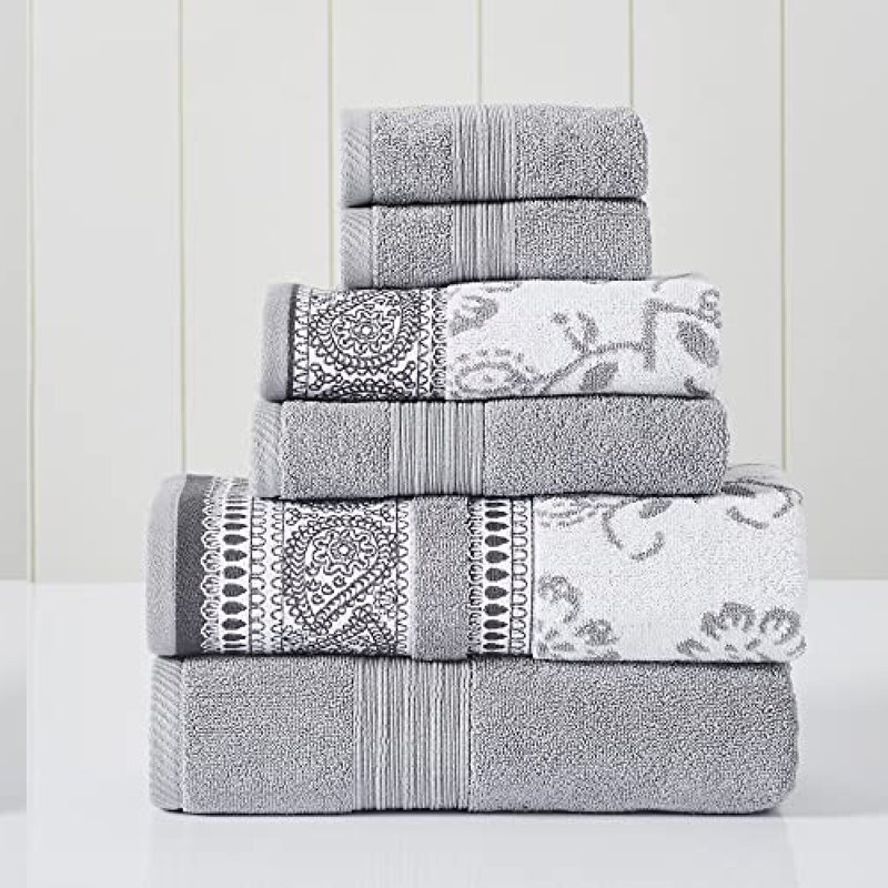 LuxWeave 6-Piece Towel Set: 2 Bath, 2 Hand, 2 Washcloths - Yarn Dyed Jacquard & Solid