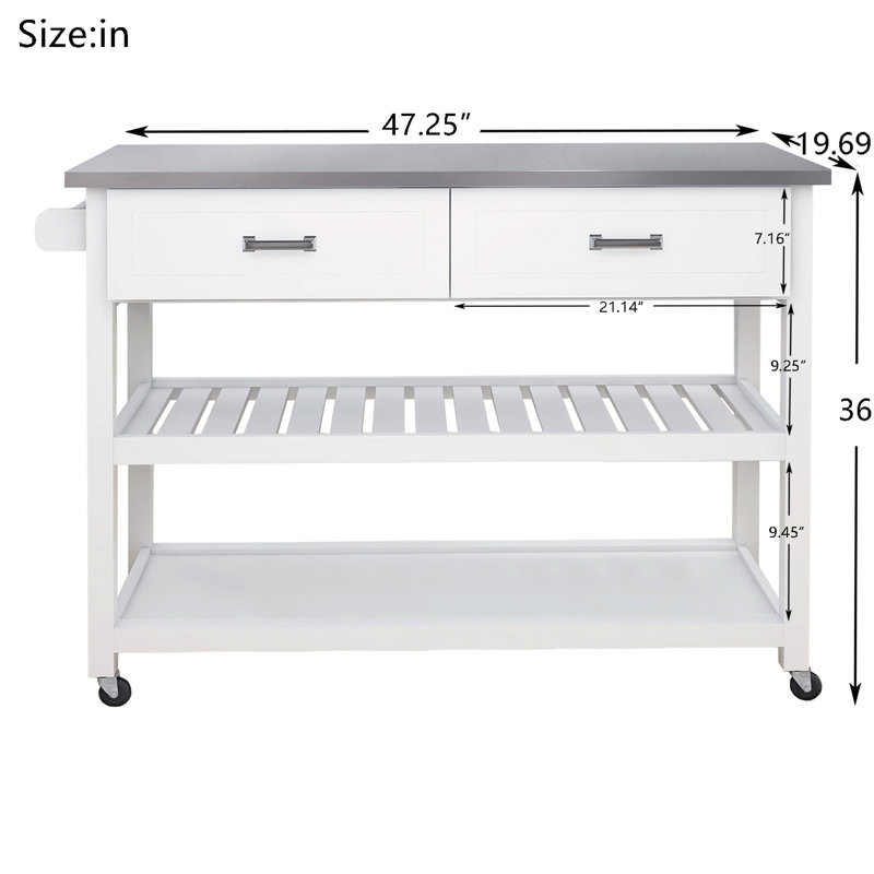 Chariot de cuisine à plateau en acier inoxydable, blanc - Deux tiroirs pour chariot de rangement organisé