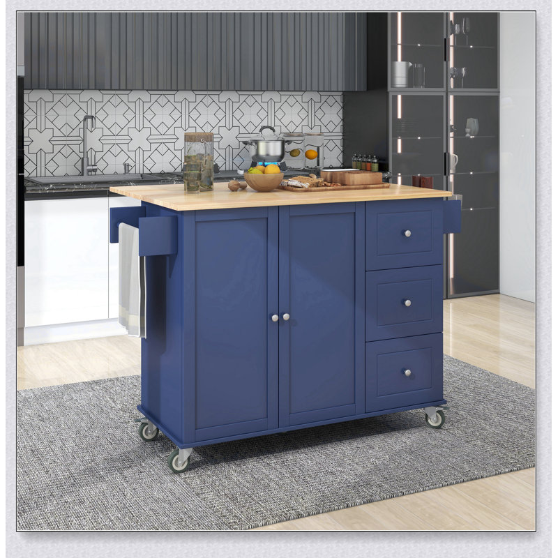 Îlot de cuisine avec abattant - plateau en bois massif, roues verrouillables et armoire de rangement