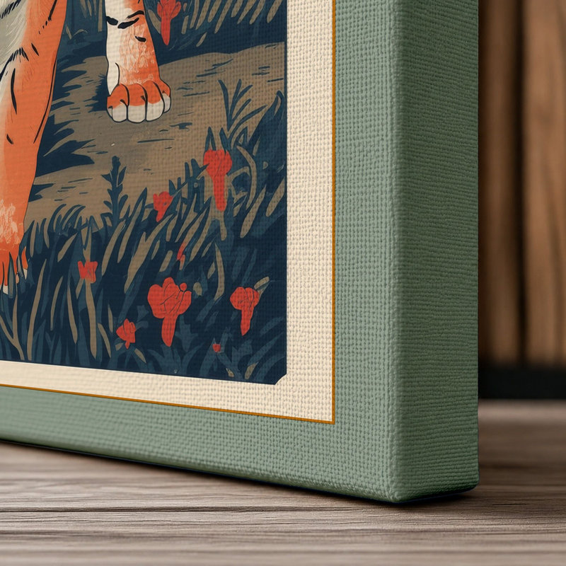 Tiger in Tall Grass Japandi - Wrapped Canvas, 18x12 - 45.7 x 30.5 cm, Sage Border