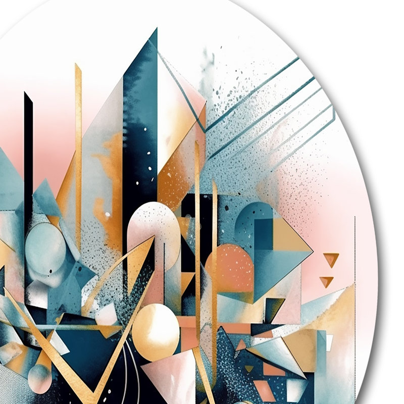 Bleu et rose embrassant le cubisme I - Minimalisme abstrait, art mural rond sur métal, H 23 po x l 23 po x P 1 po