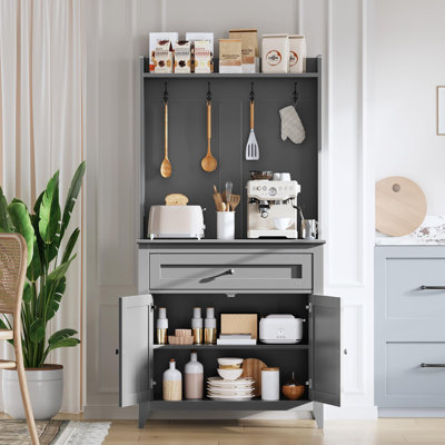 63'' Pantry Cabinet, 4 Hooks Kitchen Pantry Storage Cabinet with Drawer & Adjustable Shelves, Coffee Bar Table for Kitchen Room, Living Room, Dining Room, Gray
