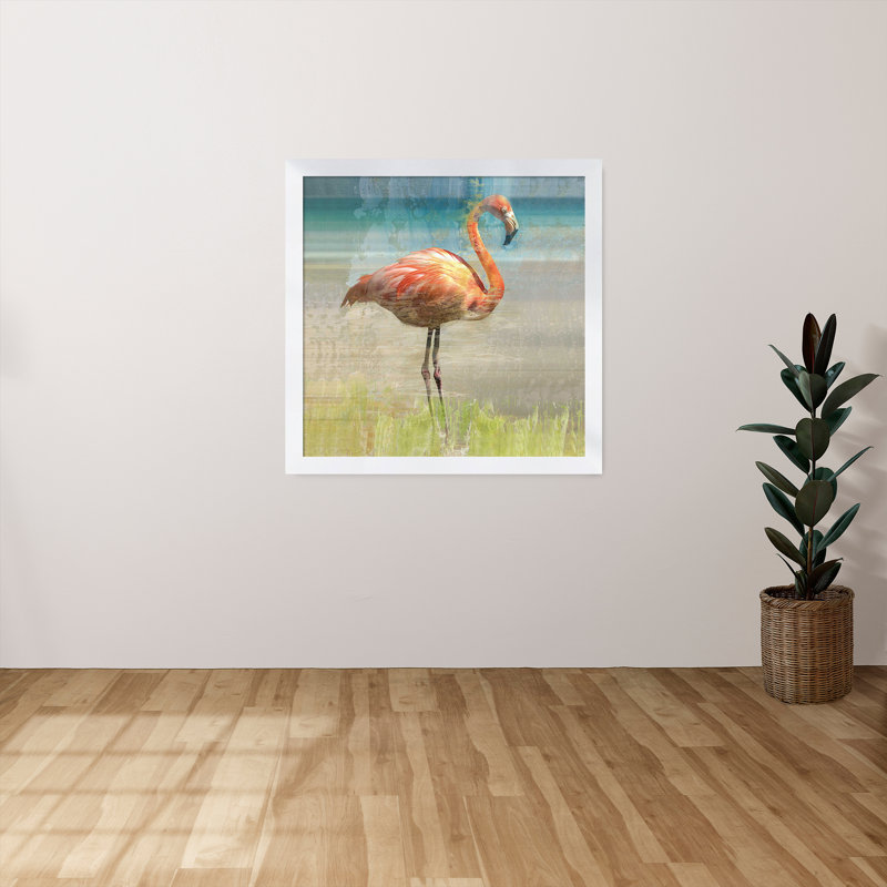«Flamingo Fancy I», reproduction de peinture acrylique, H 25,5 po x l 25,5 po x P 1 po, Cadre blanc