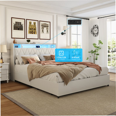 Structure de grand lit avec tête de lit ergonomique, prises intégrées, chargeur, lumière DEL et tablette de rangement, sans bruit, aucun sommier tapissier requis