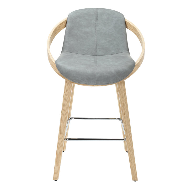 26" Modern Performance Vegan Leather Counter Height with Curved Arms, Beech Wood Frame & Chrome Metal Footrest, Vintage Light Gray/Oak – Irene by Pipp & Liv (Single)