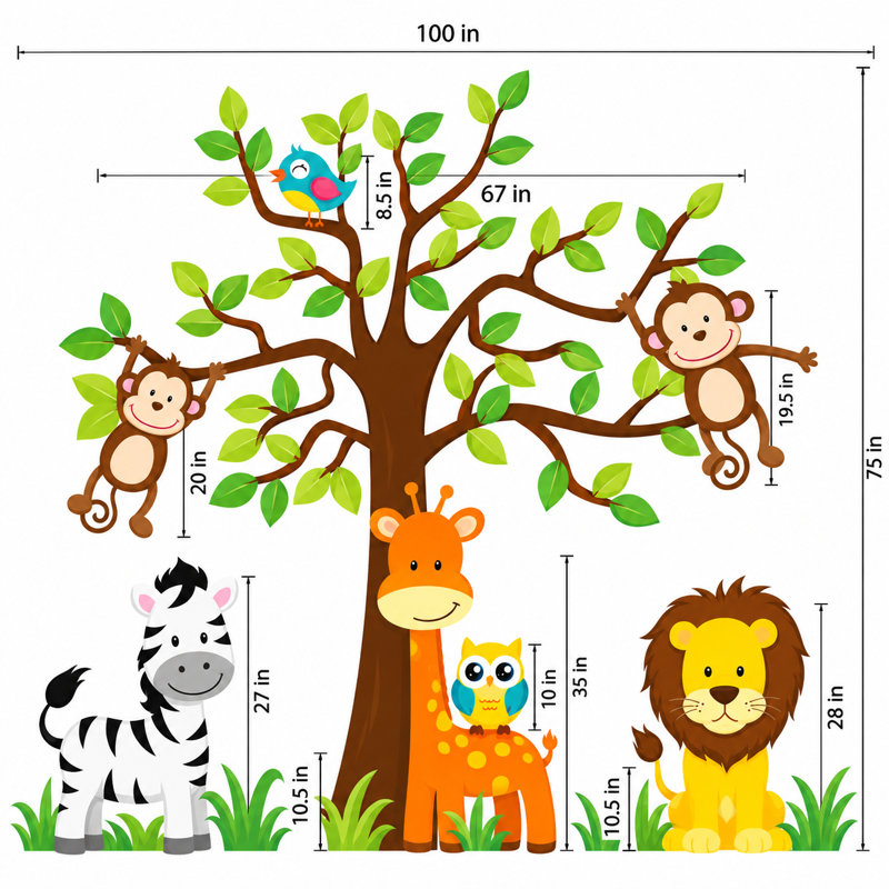 Décalcomanie murale jungle, arbre, giraffe et safari de la chambre d’enfant, Schéma A