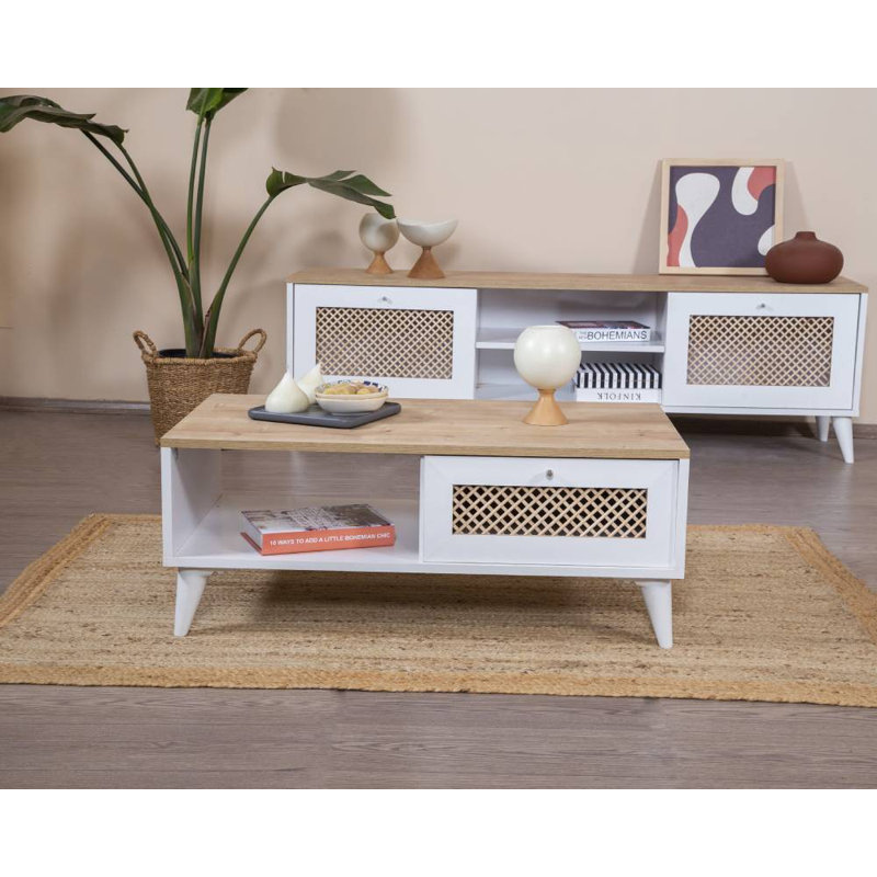 Table basse moderne avec rangement supplémentaire, finition blanche et chêne, 39,4 x 21,7 x 17,7 pouces | 100% panneau de fibres à densité moyenne et bois de pin, portes à fermeture en douceur | Conception géométrique scandinave, parfaite pour le salon et les espaces contemporains