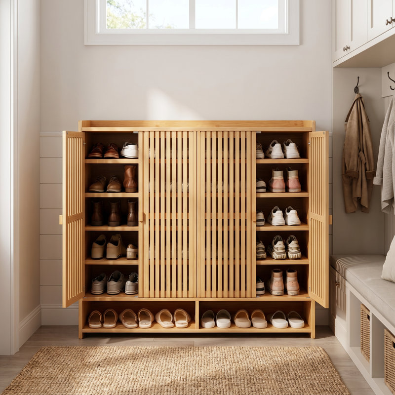 Armoire de rangement à chaussures en bambou à 4 portes, organisateur de chaussures d'entrée à grande capacité à 6 niveaux avec compartiment ouvert et dessus large pour couloir