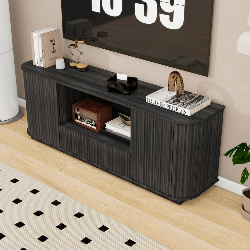 Meuble télé avec armoires à rayures verticales, tiroir et portes à ressorts, Noir