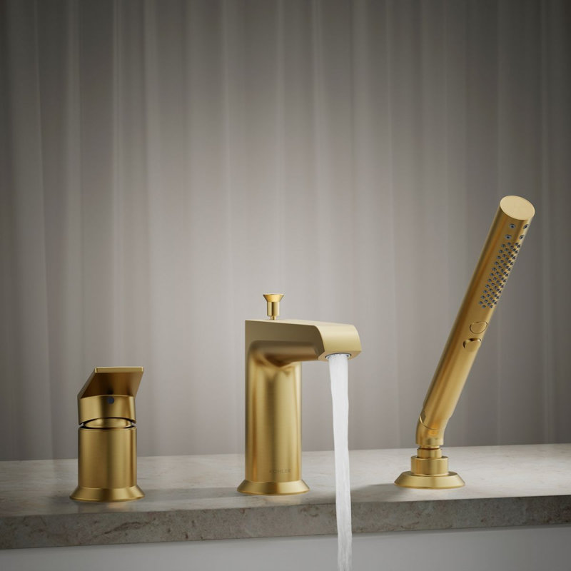 Hint Single-Handle Deck-Mount Bath Faucet With Handshower, Vibrant Brushed Moderne Brass