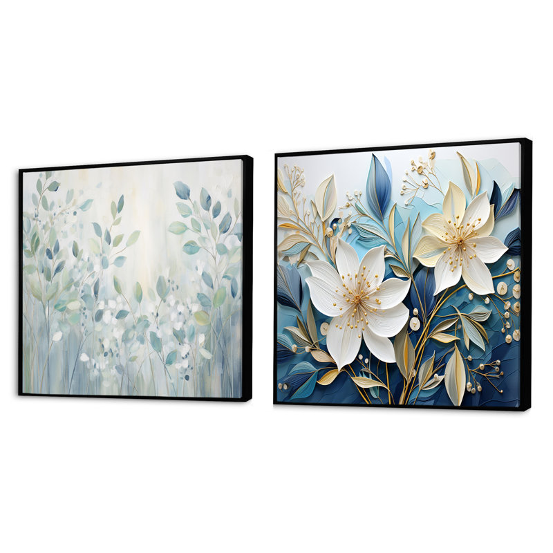 Bluie Botanical Rhythms - Ensemble de 2 collages carrés botaniques abstraits, Cadre flottant noir, H 30 po x l 61 po