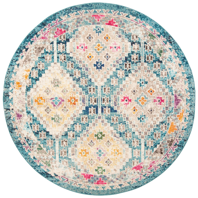 Felty Southwestern Dark Blue/Yellow/Beige Area Rug, Round 6'7"