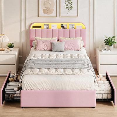 Lit plateforme double XL en velours avec tête de lit de rangement, 2 tiroirs sous le lit et éclairage DEL, cadre de lit bibliothèque