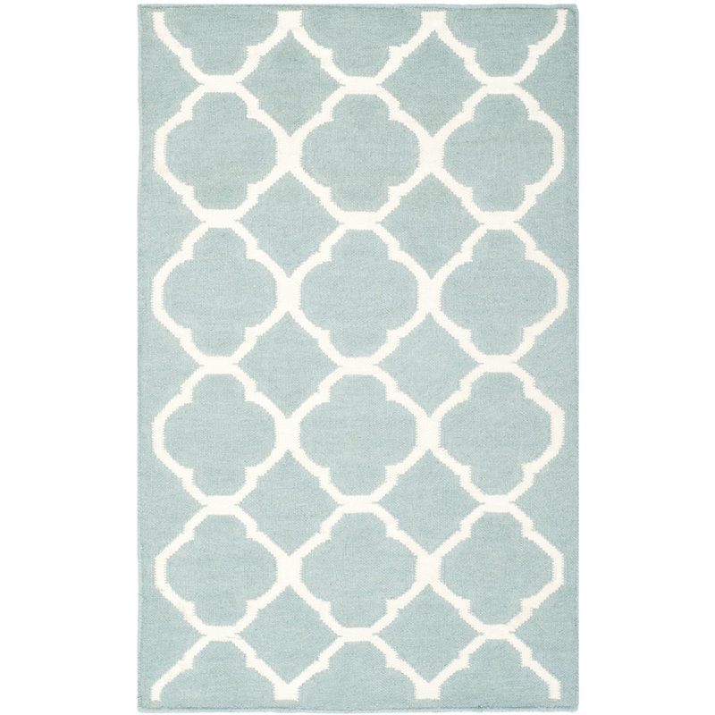 Rodgers Hand Woven Flat Weave Banana Silk/Wool/Cotton Geometric Rug in Ivory/Blue, Rectangle 2'6" x 4'