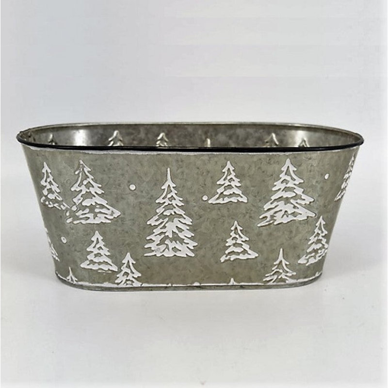 White Trees Metal Planter, 4.3" H x 9.8" W x 5.1" D, Silver/White