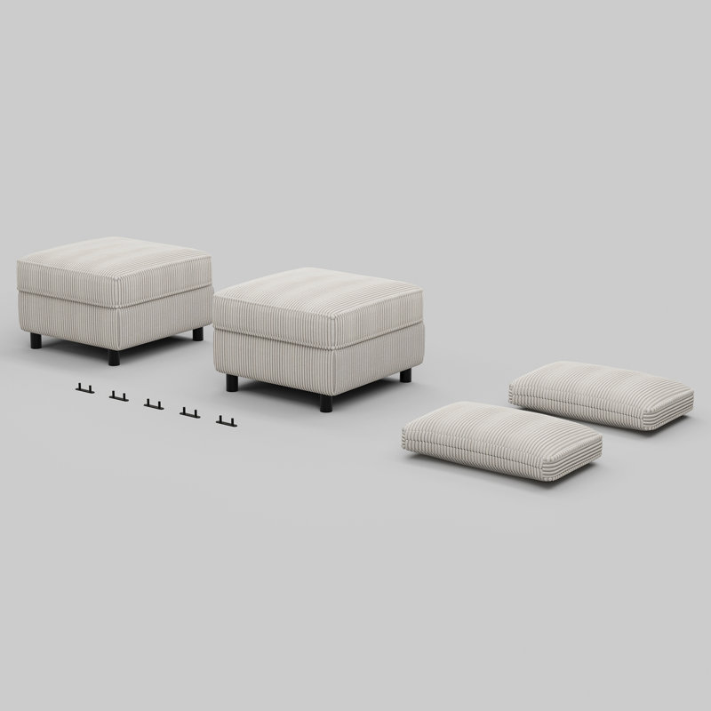 Corduroy Fabric Storage 2 Ottomans For Modular Sofa & 2 Cushions, White Corduroy