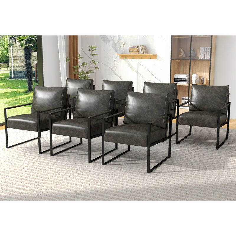  24.6" Wide Minimalist Soft Cushioned Back Upholstered Sled Base Arm Accent Chair (Set of 7), Dark Gray Faux Leather