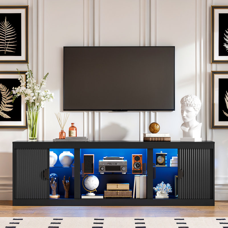 70" Fluted TV Stand for TVs Up To 80" with LED Lights Glass Shelves and Open Storage,Black