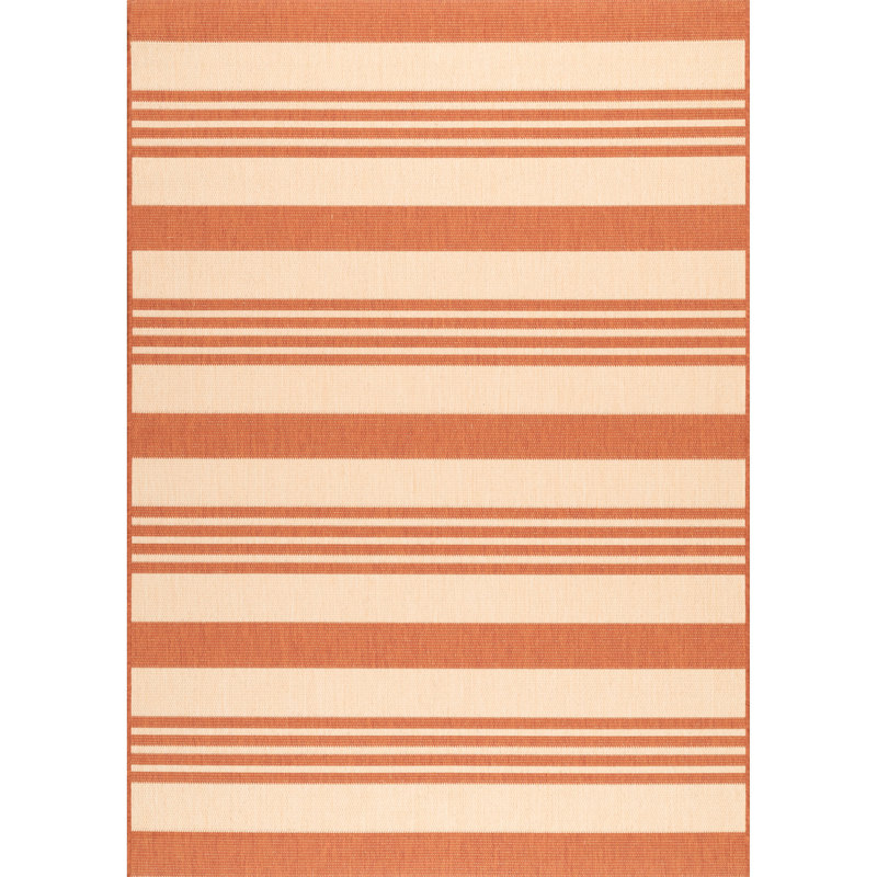 Tapis rayé intérieur / extérieur pour terrasse de salon Haydon, terre cuite / ivoire, Rectangle 7 pi 6 po x 10 pi 9 po