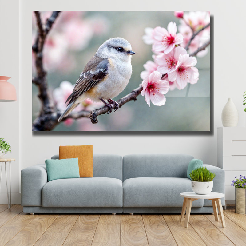 Bird on Flower Blossom Branches Vibrant Colorful Art - Art mural en verre trempé, 24 po H x 36 po L