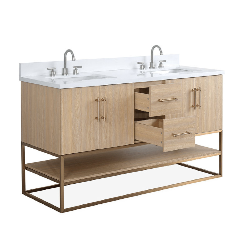 Meuble-lavabo sur pied moderne Lima en chêne clair de marque Tennant, 60 pouces, double lavabo, comptoir en quartz blanc, entièrement assemblé