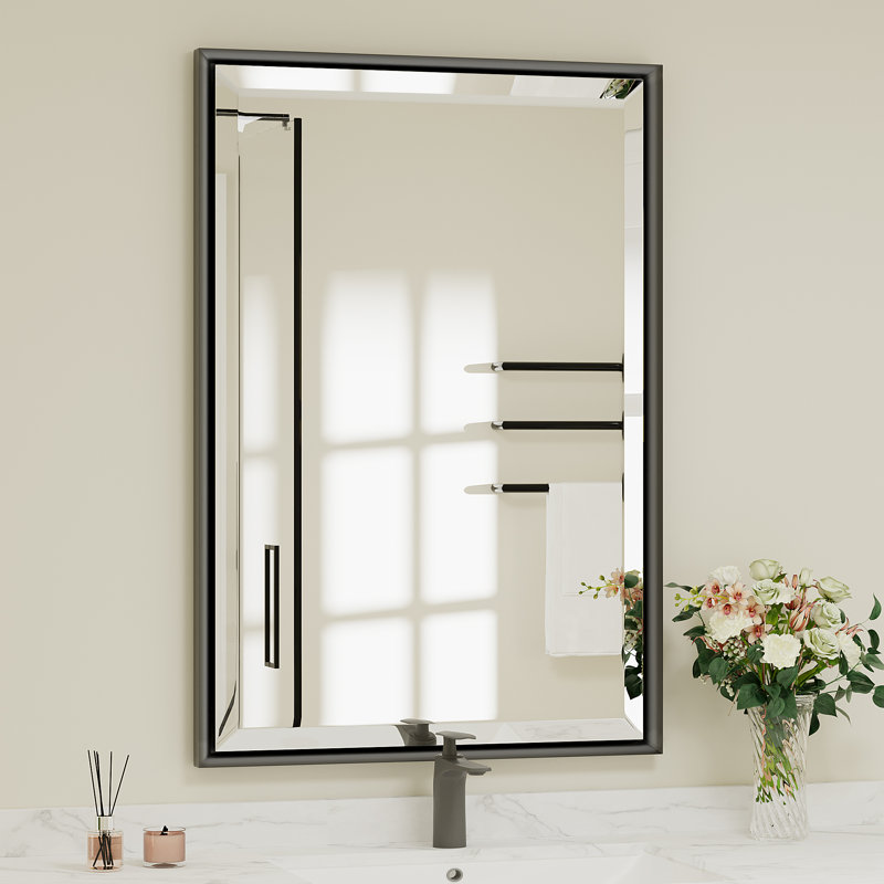 Beveled Design Rectangle Framed Bathroom Vanity Wall Mirror in Matte Black, 36" x 24"