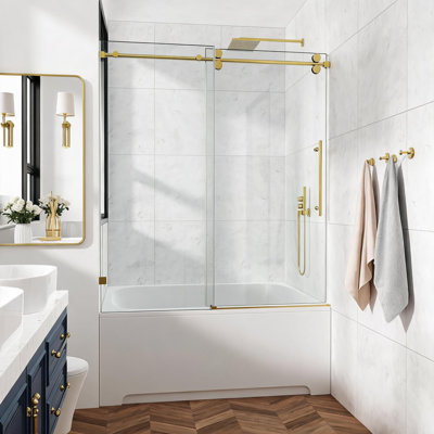 Porte de douche fixe et coulissante en verre transparent doré de 152 cm x 168 cm (60 po x 66 po), avec quincaillerie tubulaire ronde et cadre en acier inoxydable.