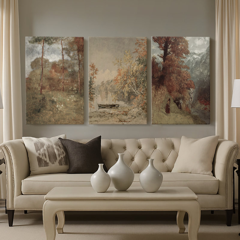 Paysage rétro CLXV - Toile tendue avec châssis sur mesure - 3 pièces, H 60 po x l 120 po