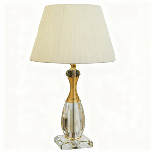 Gold-Tipped Crystal Lamp With Pleated Ivory Shade
