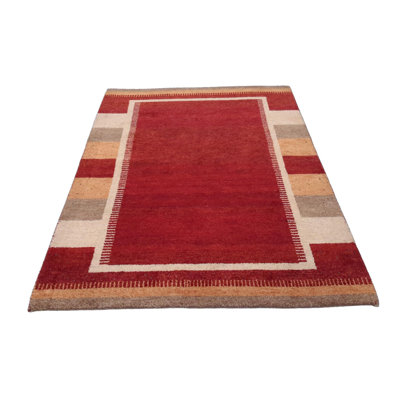 Tapis rouge / beige en coton / laine fait à la main 4 pi 8 po x 6 pi 7 po Anirduh
