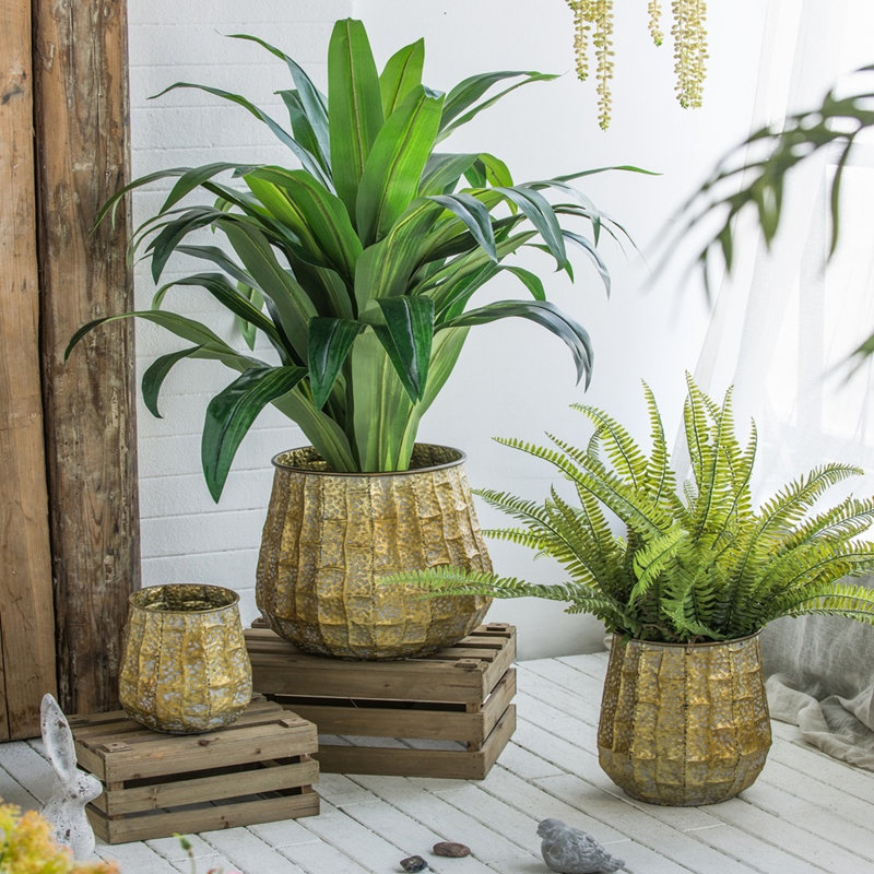 Ensemble de 3 pots à fleurs en métal au fini patiné rustique doré pour une décoration intérieure et extérieure, style classique