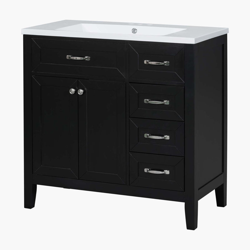 35.98'' Single Bathroom Vanity with Ceramic Top, Black
