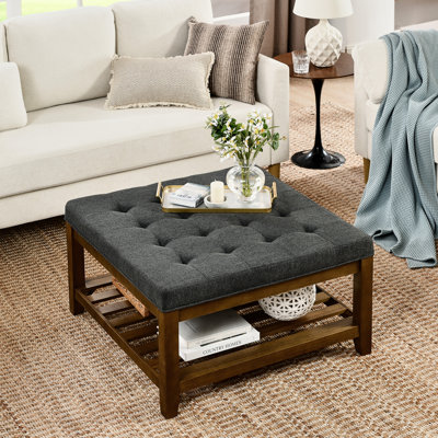 Tablette en bois de hêtre avec housse en lin gris foncé, siège de table basse de style moderne et espace de rangement